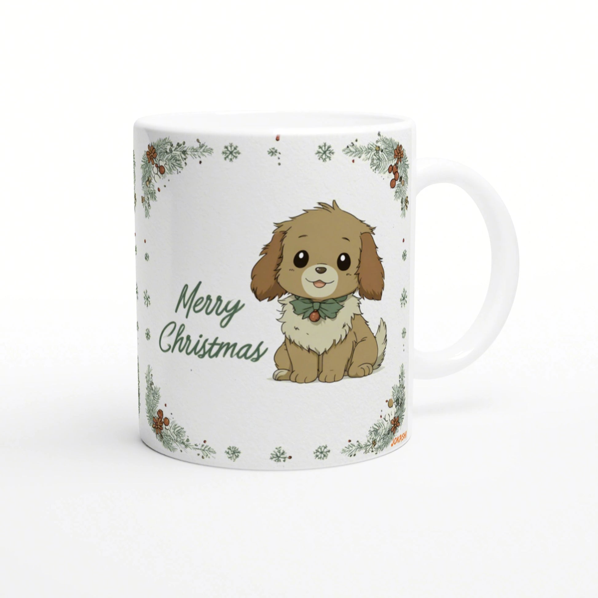 White ceramic mug featuring a cute cartoon puppy with a green bow, the words Merry Christmas, and a festive pinecone border.