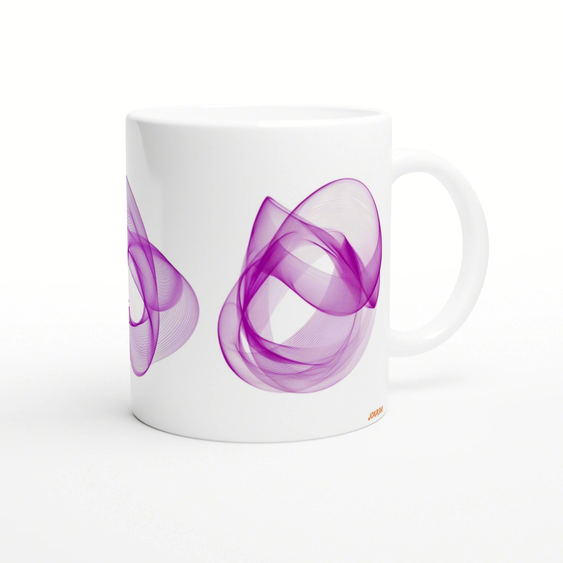 White ceramic mug featuring a purple abstract smoke design along the side; product mockup.