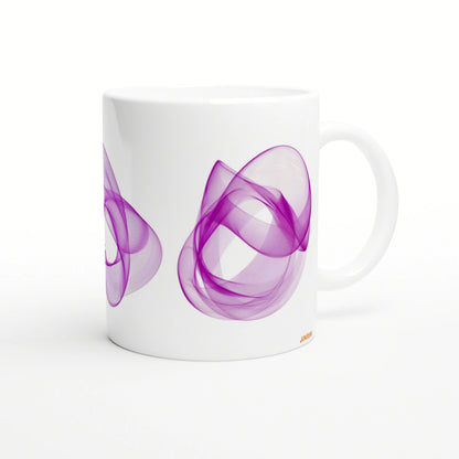 White ceramic mug featuring a purple abstract smoke design along the side; product mockup.