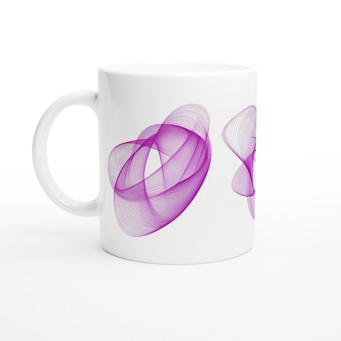 White ceramic mug mockup featuring flowing purple abstract wave design.