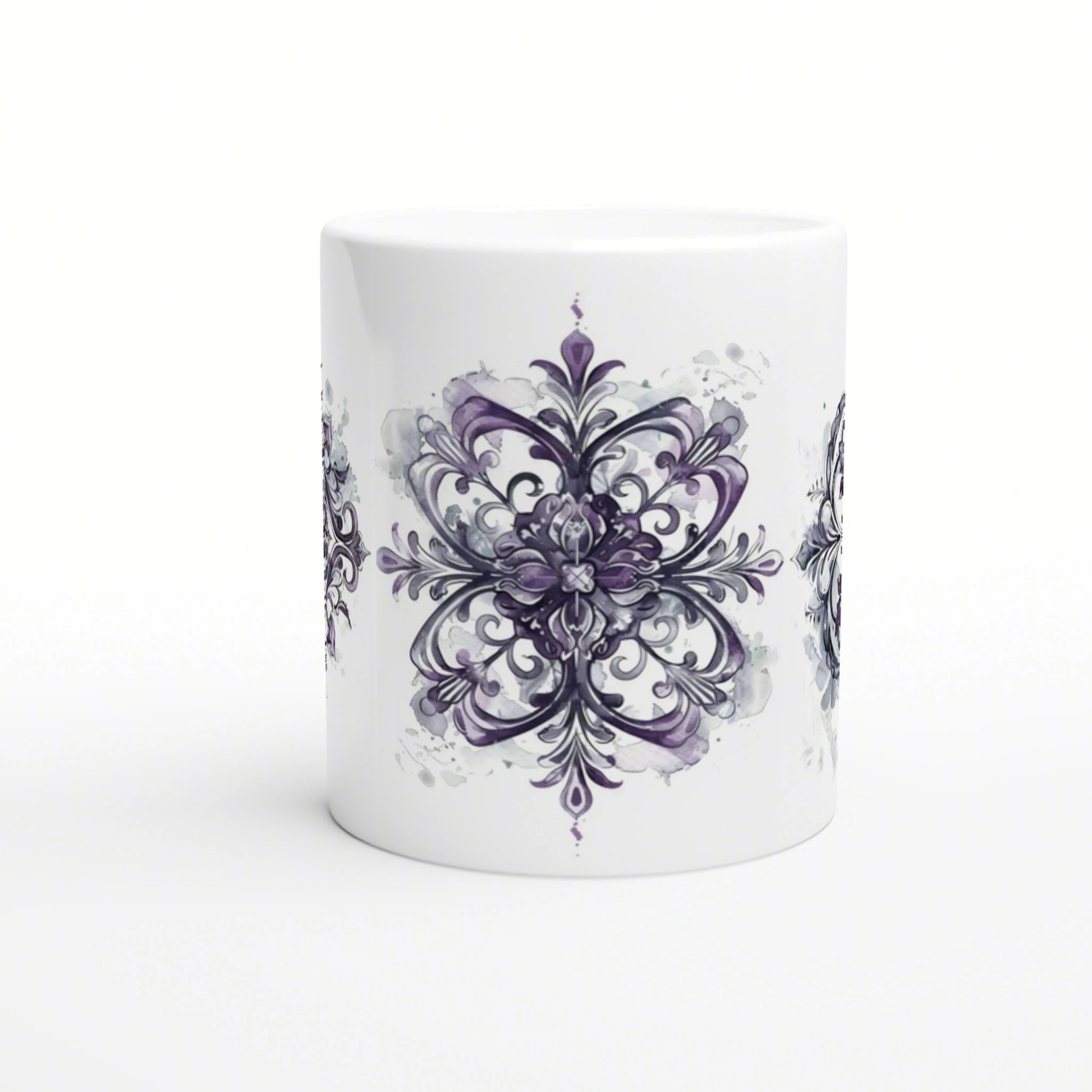 White ceramic mug wrapped in a large, symmetrical purple damask pattern with watercolor-style splashes; product mockup.