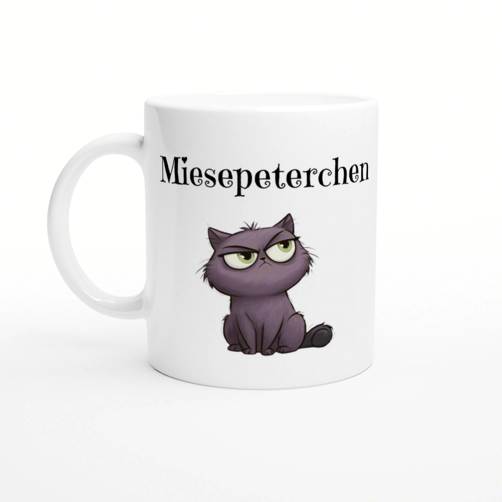 White ceramic mug featuring a purple grumpy kitten and the text Miesepeterchen in black above it.