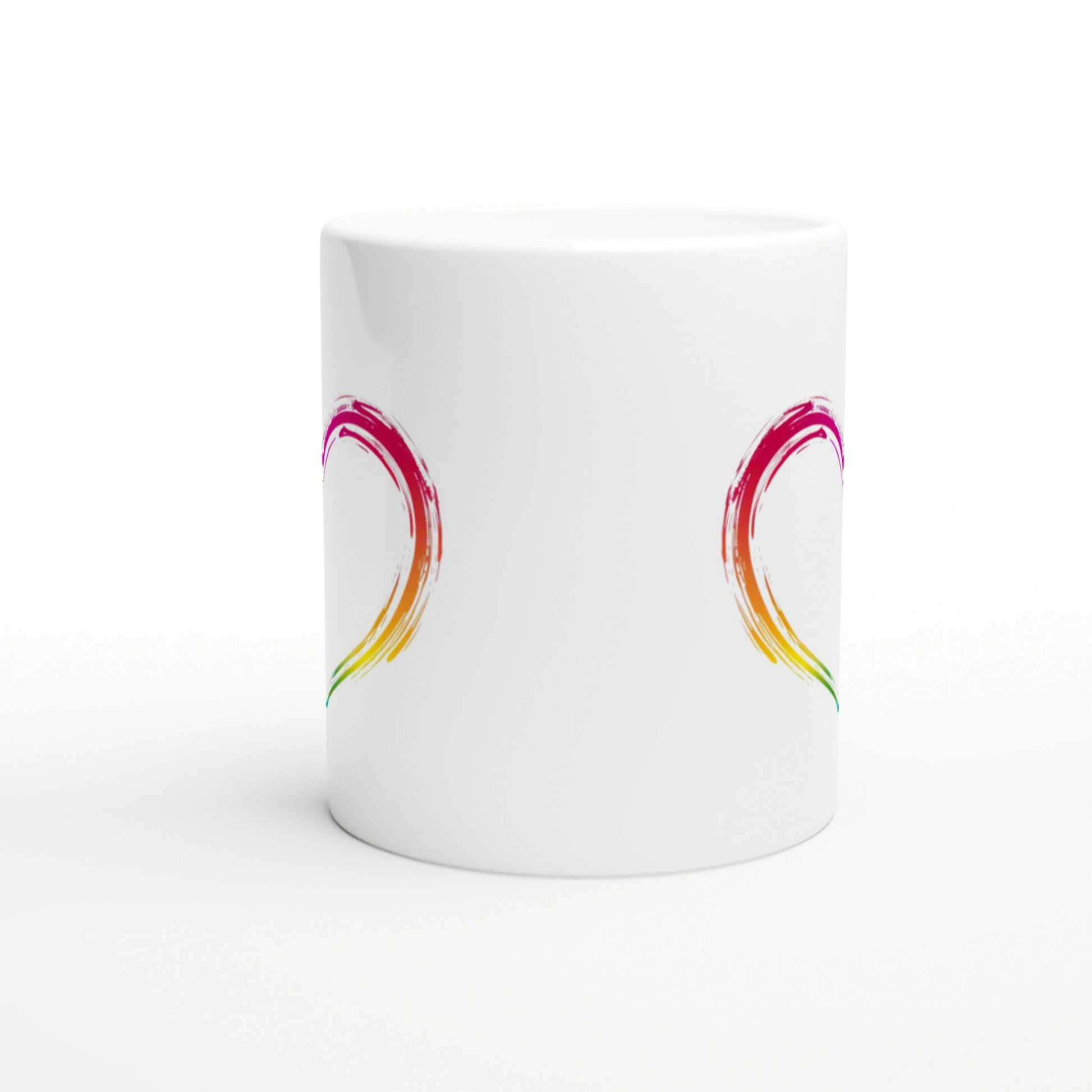 White ceramic mug with two rainbow brushstroke arcs on opposite sides; product mockup.