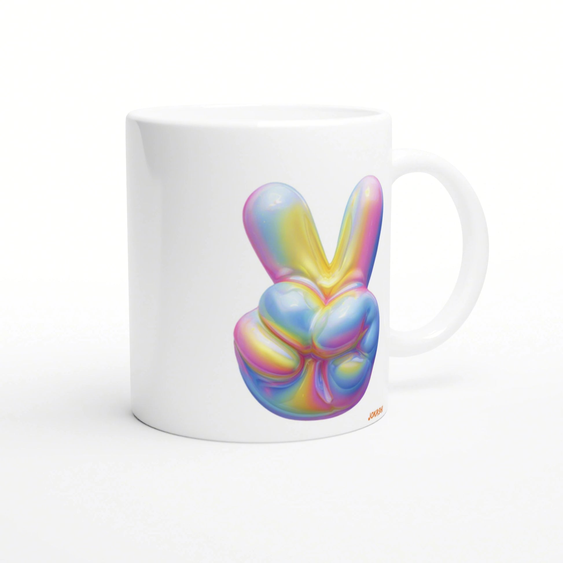 White ceramic mug featuring a glossy rainbow abstract graphic resembling bunny ears on the side.