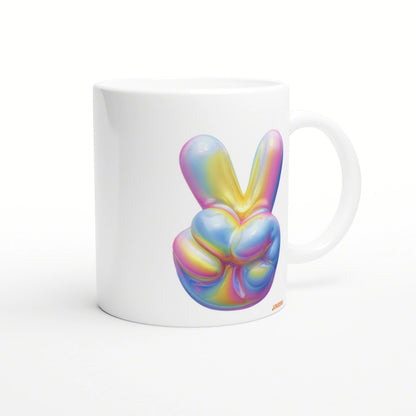 White ceramic mug featuring a glossy rainbow abstract graphic resembling bunny ears on the side.