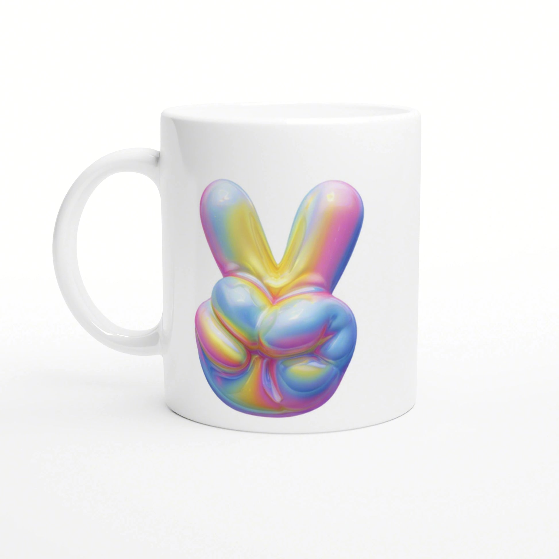 White ceramic mug featuring a large glossy rainbow peace sign graphic on the side.