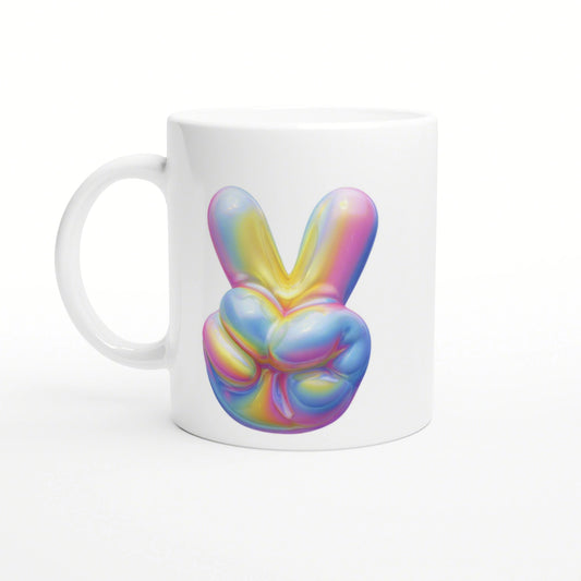 White ceramic mug featuring a large glossy rainbow peace sign graphic on the side.