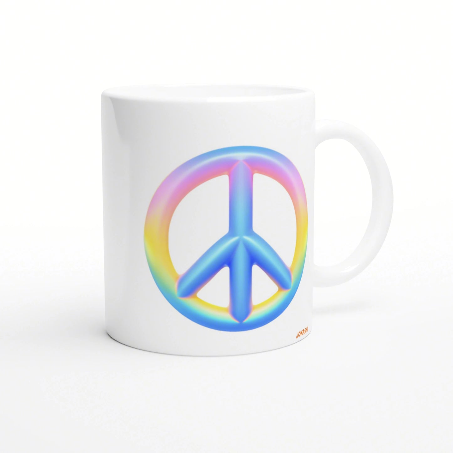 White ceramic mug with a rainbow peace symbol, presented as an online product mockup.