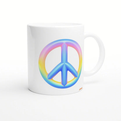 White ceramic mug with a rainbow peace symbol, presented as an online product mockup.