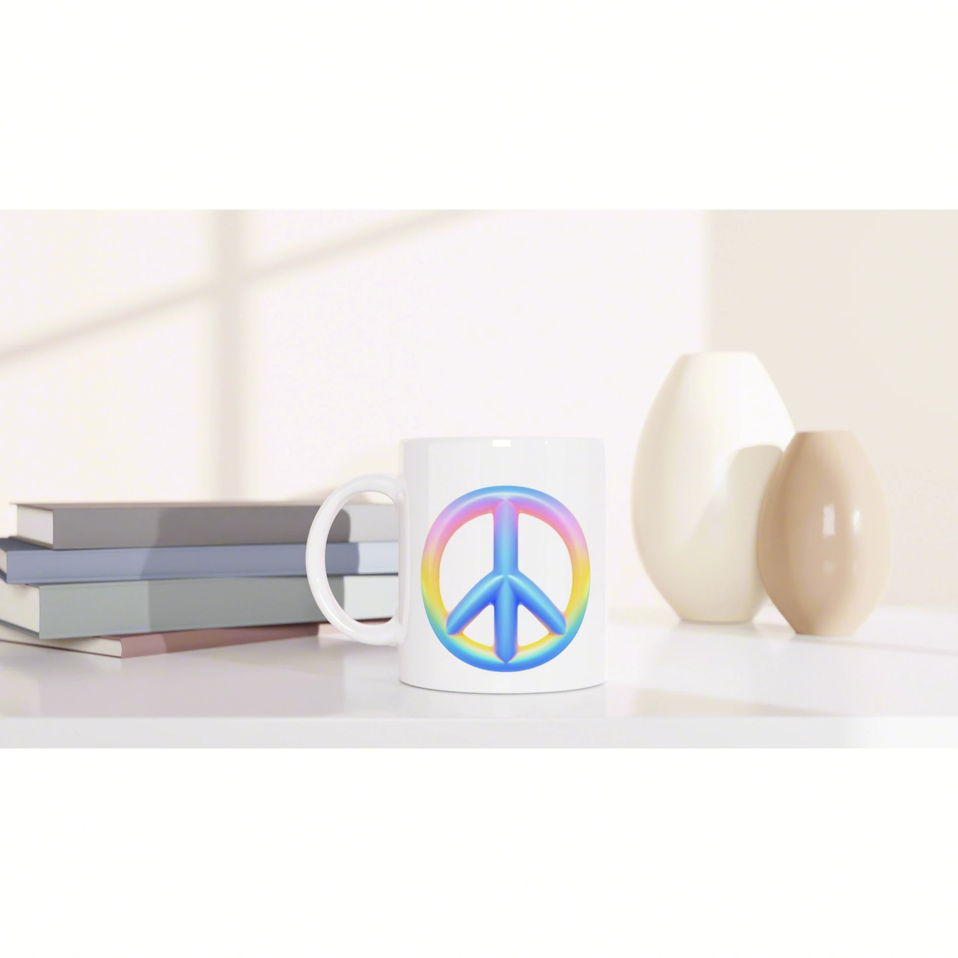 White ceramic mug featuring a rainbow peace symbol on a shelf beside stacked books and beige vases.