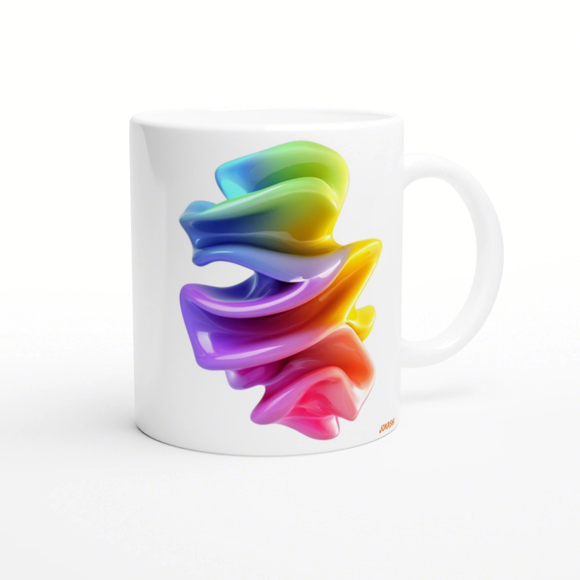 White ceramic mug with a colorful rainbow ribbon-like abstract swirl print, product mockup for online shop.