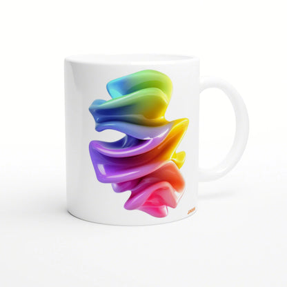 White ceramic mug with a colorful rainbow ribbon-like abstract swirl print, product mockup for online shop.