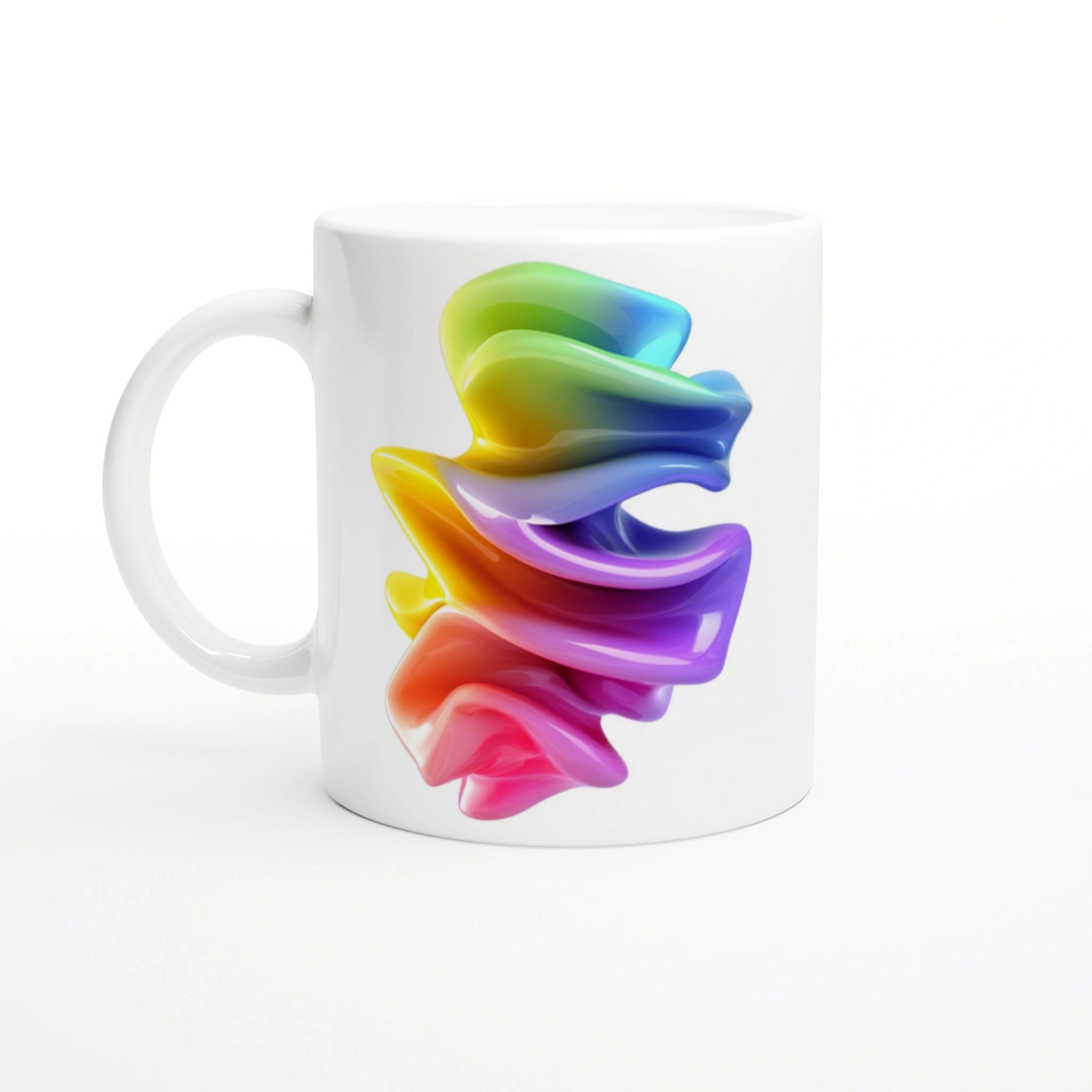 White ceramic mug featuring a colorful rainbow swirl abstract design on a white background.
