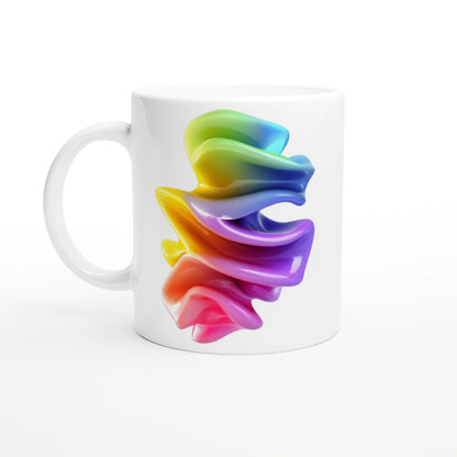 White ceramic mug featuring a colorful rainbow swirl abstract design on a white background.