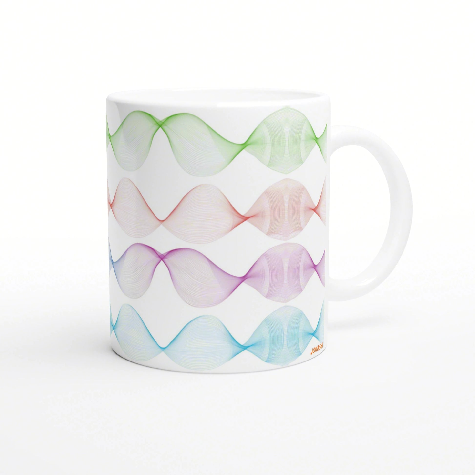 White ceramic mug with multiple rainbow-colored wave patterns wrapping around its sides.
