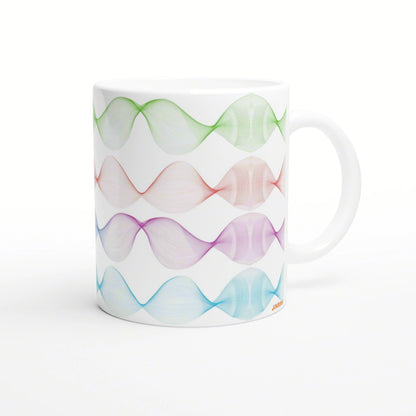 White ceramic mug with multiple rainbow-colored wave patterns wrapping around its sides.