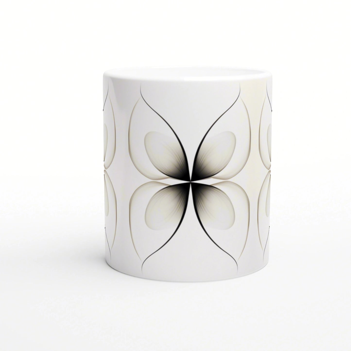 White ceramic mug featuring a repeating black symmetrical butterfly-like four-petal motif wrapping around.
