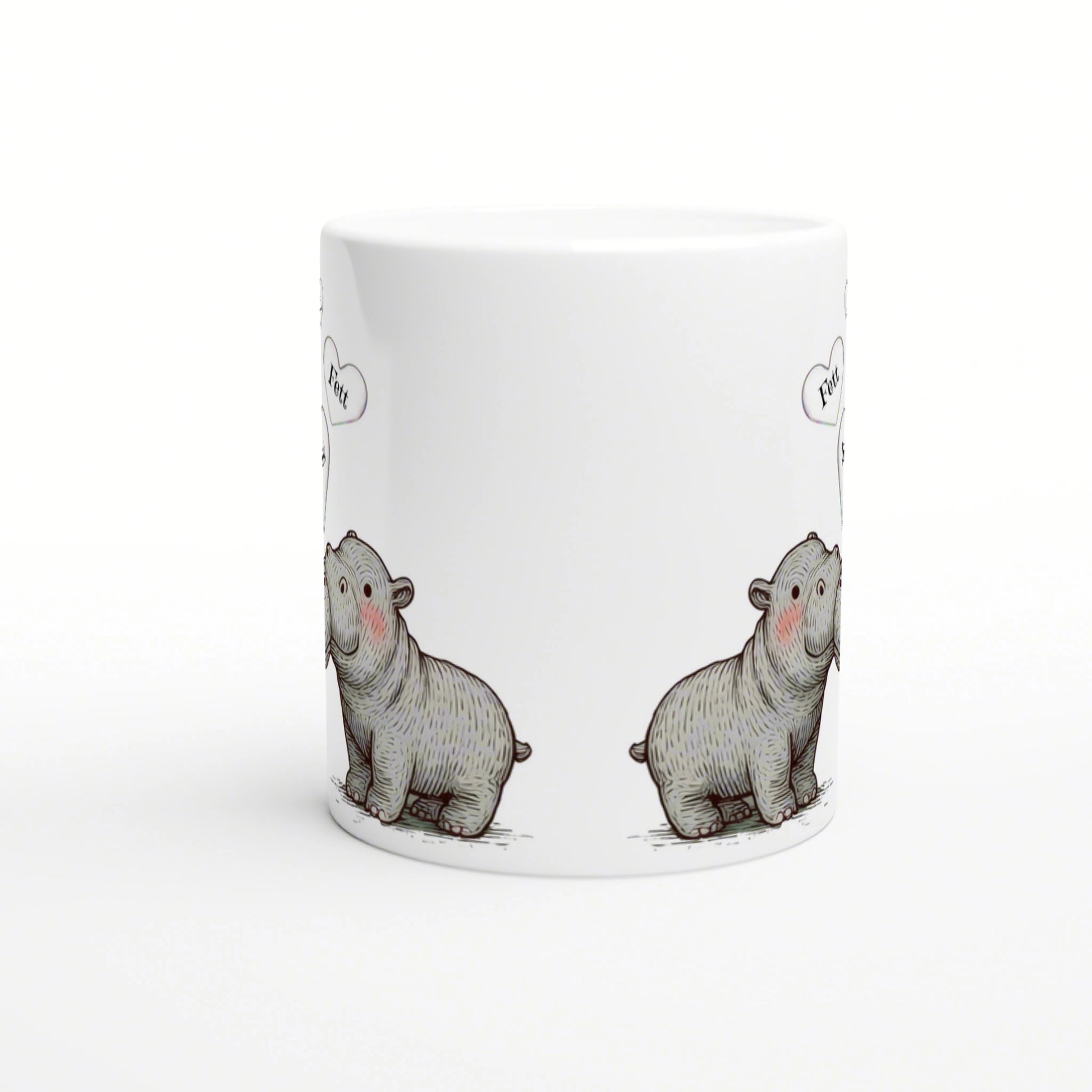 Product mockup: white ceramic mug with a repeating line-drawn hippo illustration and pink cheeks around the bottom edge.