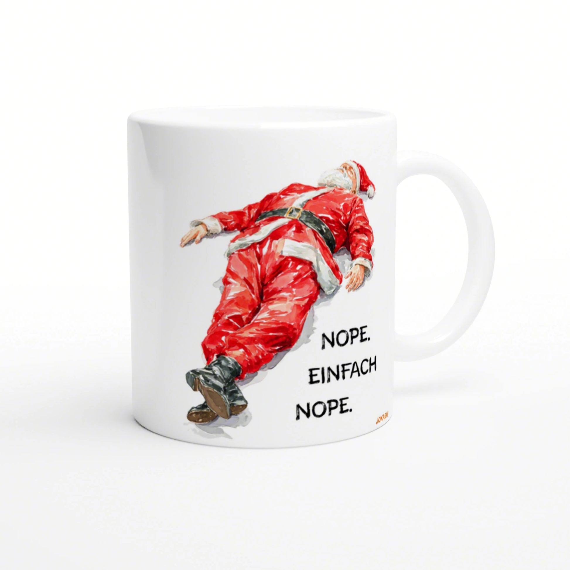 White ceramic mug with a watercolor-style illustration of Santa Claus in a red suit tumbling, accompanied by the text 'NOPE. EINFACH NOPE.'
