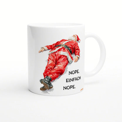 White ceramic mug with a watercolor-style illustration of Santa Claus in a red suit tumbling, accompanied by the text 'NOPE. EINFACH NOPE.'