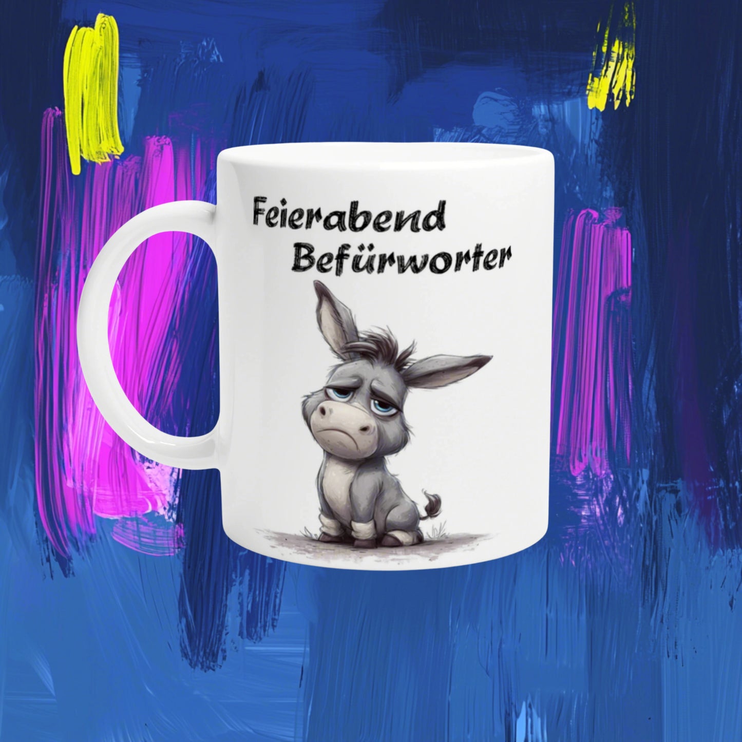 White ceramic mug featuring a sleepy donkey illustration and the German text 'Feierabend Befürworter'.