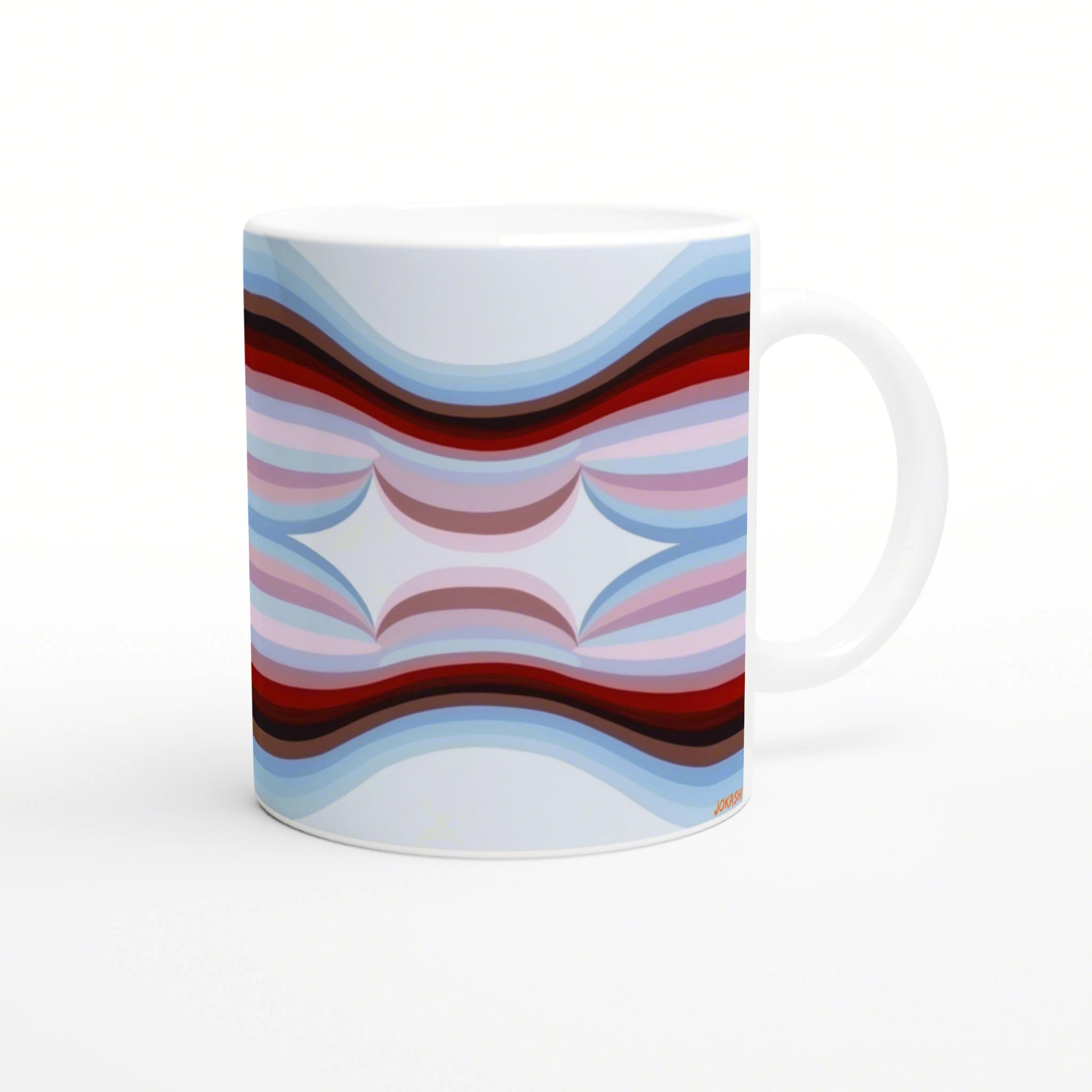 White ceramic mug featuring a symmetrical abstract pattern of blue, pink, and red wavy bands.