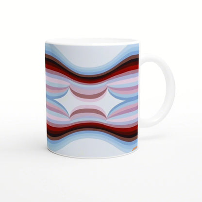 White ceramic mug featuring a symmetrical abstract pattern of blue, pink, and red wavy bands.