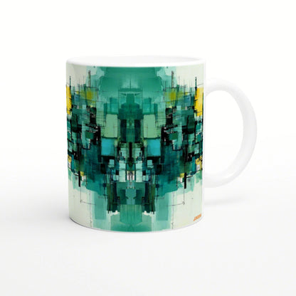 White ceramic mug featuring a teal, turquoise, and green abstract symmetrical geometric pattern; product mockup.