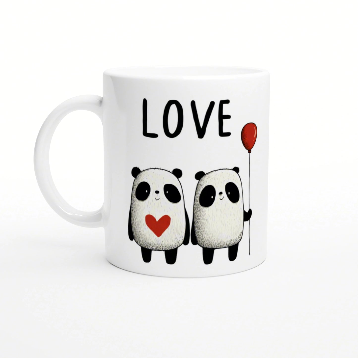 White ceramic mug featuring two pandas: one with a red heart, the other holding a red balloon, and the word LOVE above.