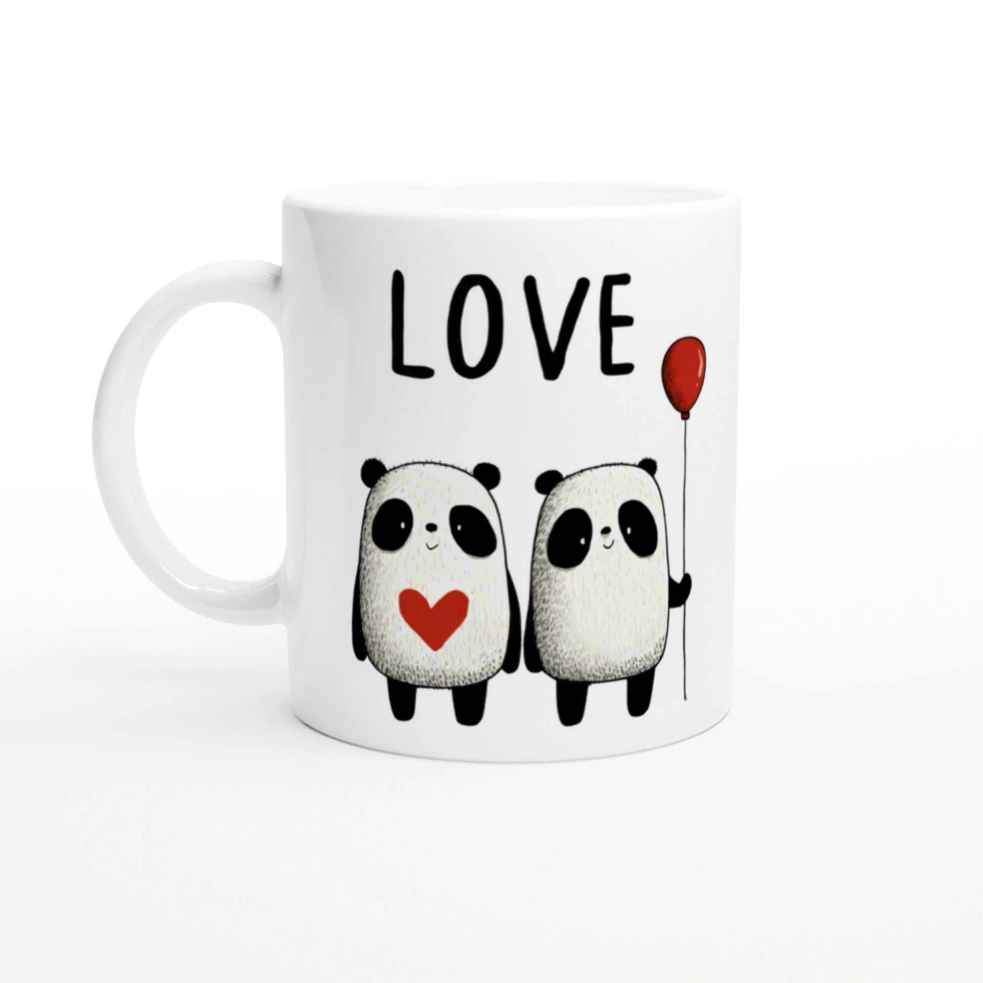 White ceramic mug featuring two pandas: one with a red heart, the other holding a red balloon, and the word LOVE above.