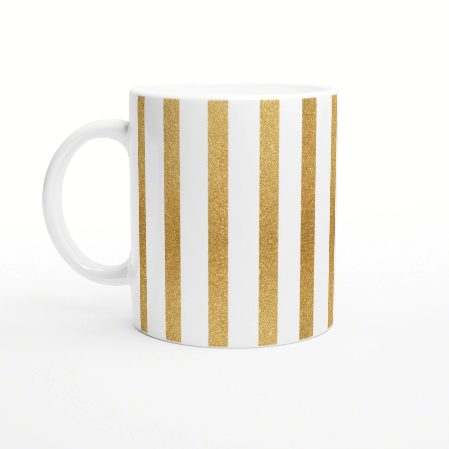 White ceramic mug with vertical gold glitter stripes, shown as a product mockup.