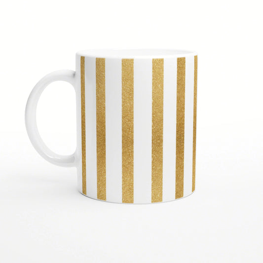 White ceramic mug with vertical gold glitter stripes, shown as a product mockup.
