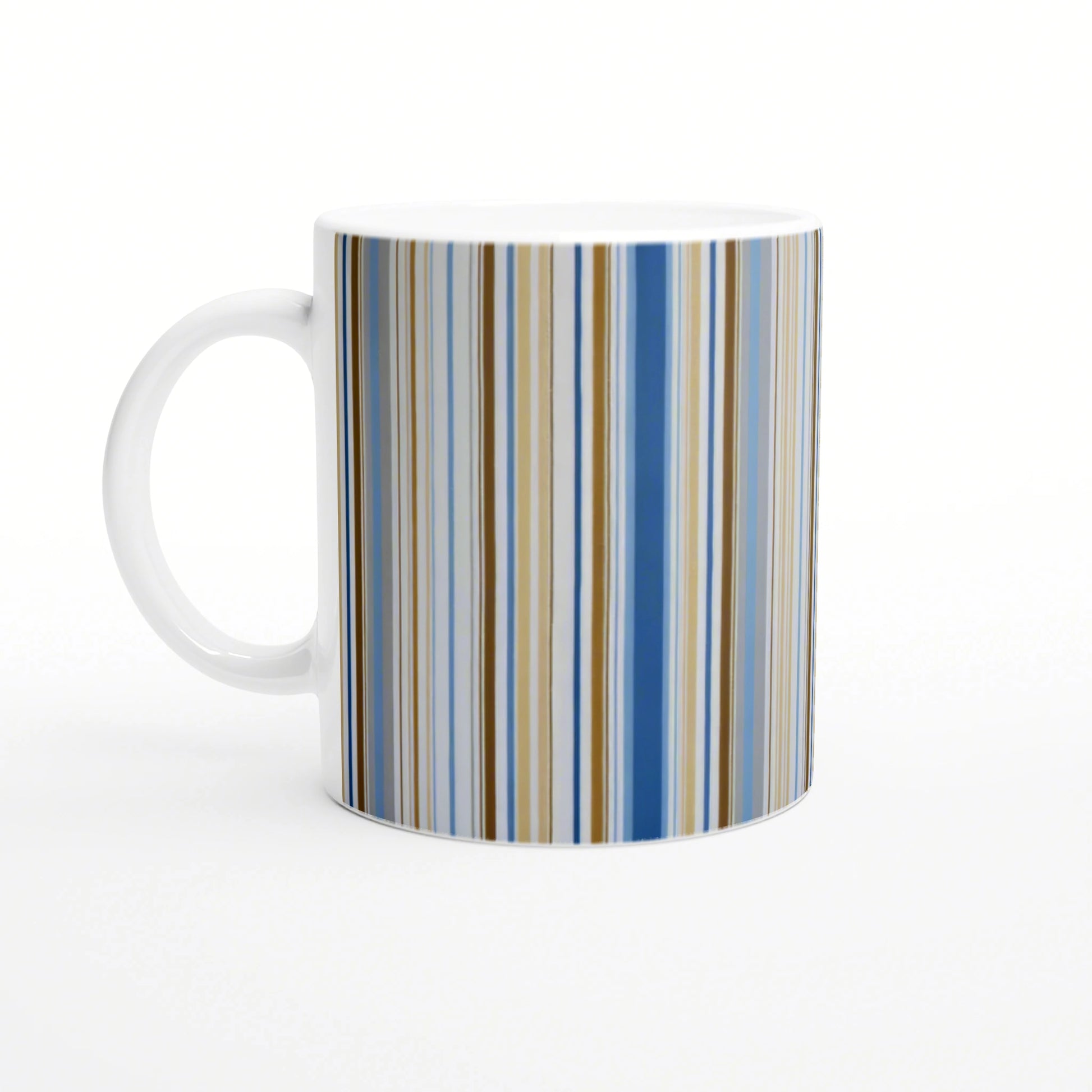 White ceramic mug on a white background with vertical multicolor stripes in blue, beige, and brown; product mockup.
