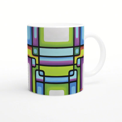 White ceramic mug with a vibrant abstract geometric pattern of rectangular shapes in lime green, blue, purple, and pink.