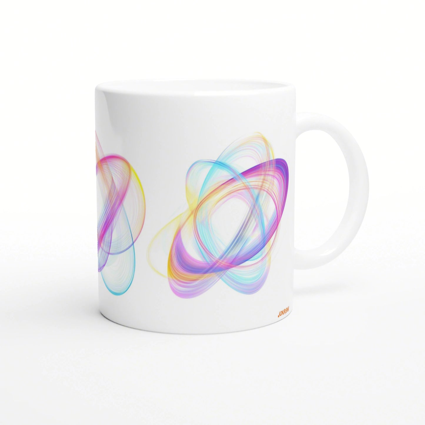 White ceramic mug with vibrant multi-colored abstract swirl design on the lower portion, a product mockup for an online shop.