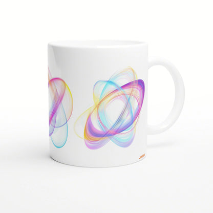 White ceramic mug with vibrant multi-colored abstract swirl design on the lower portion, a product mockup for an online shop.