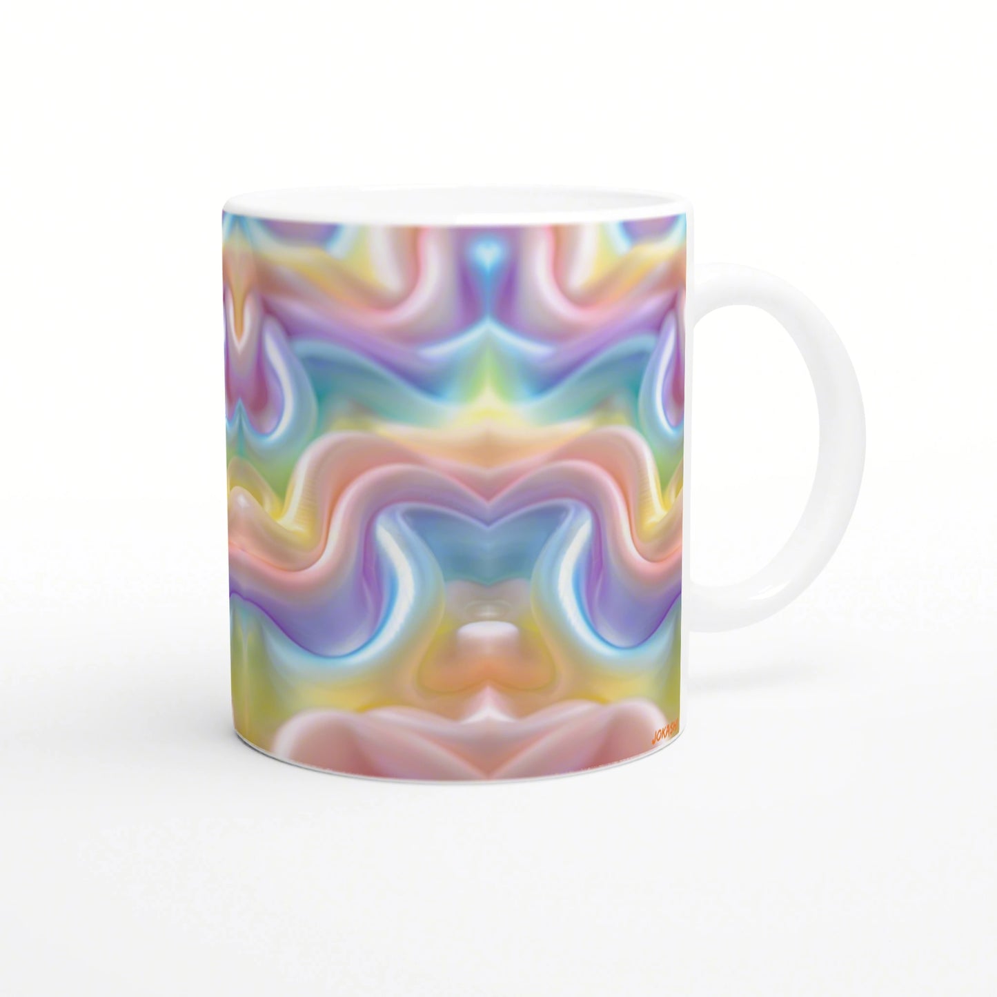 White ceramic mug featuring a vibrant, swirling pastel rainbow abstract design; product mockup.