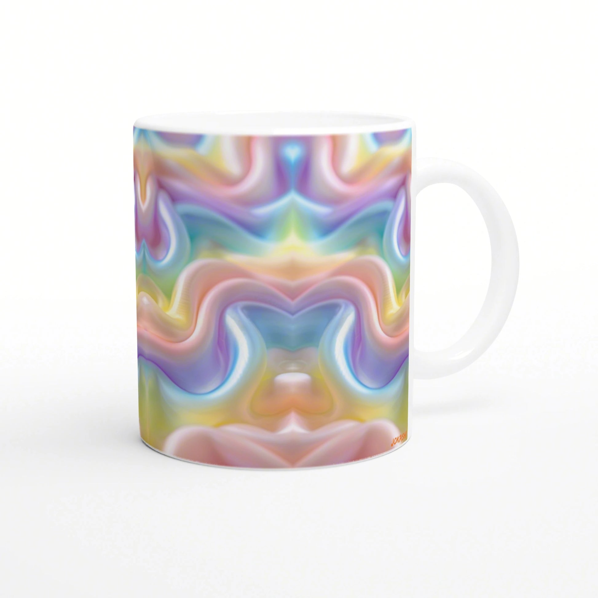 White ceramic mug featuring a vibrant, swirling pastel rainbow abstract design; product mockup.