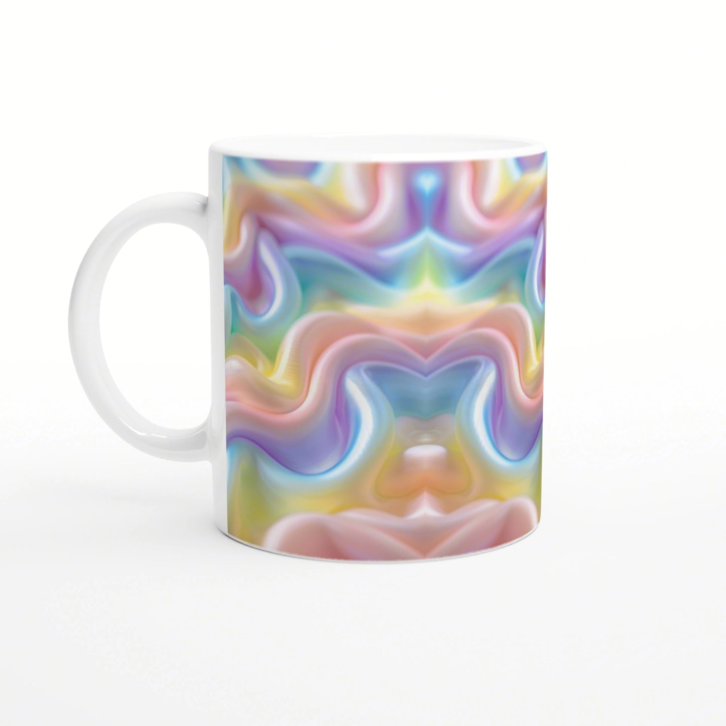 White ceramic mug featuring a vibrant, swirling pastel abstract pattern around its surface.