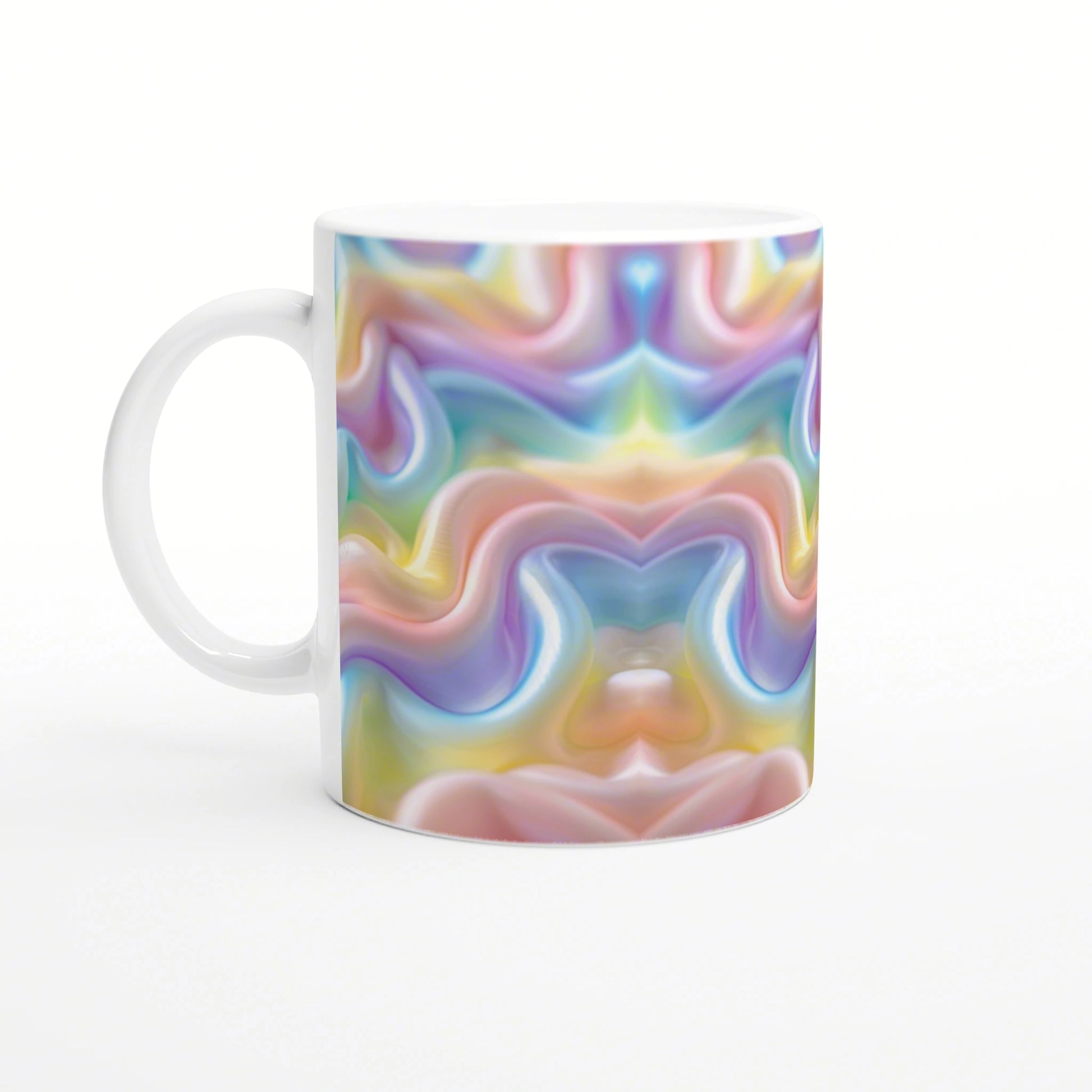 White ceramic mug featuring a vibrant, swirling pastel abstract pattern around its surface.