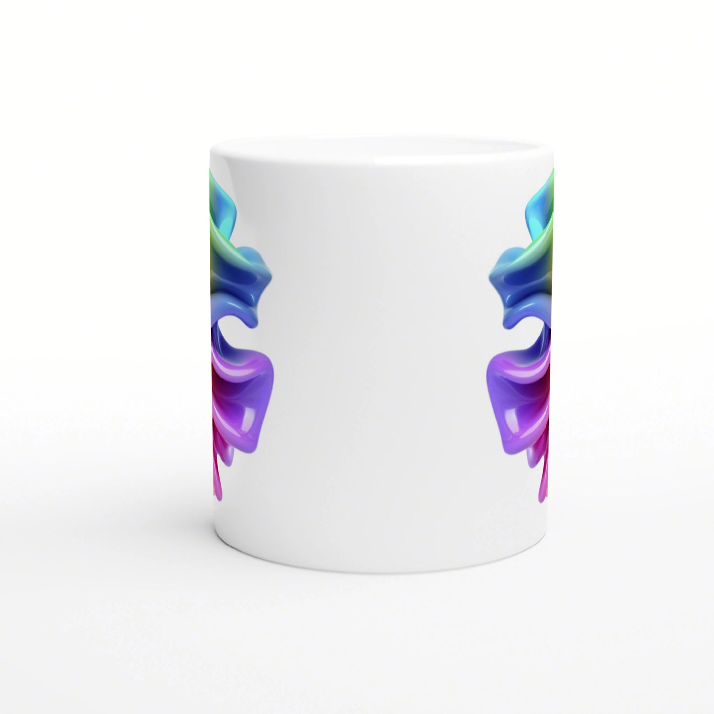 White ceramic mug with vivid ribbon-like swirls in blue, purple and green along the sides; product mockup.