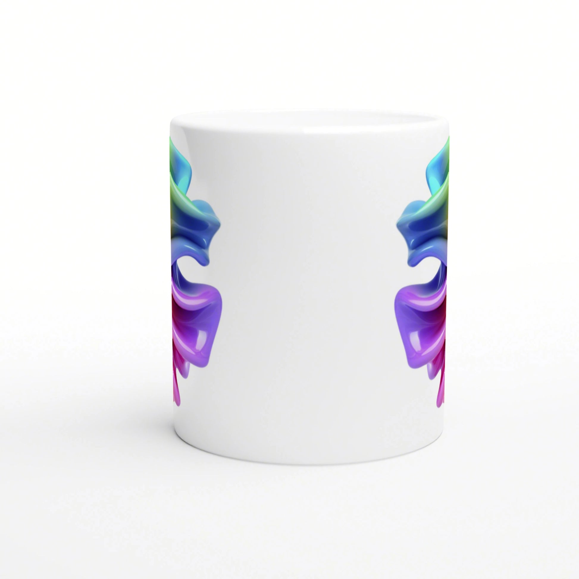 White ceramic mug with vivid ribbon-like swirls in blue, purple and green along the sides; product mockup.