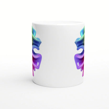 White ceramic mug with vivid ribbon-like swirls in blue, purple and green along the sides; product mockup.