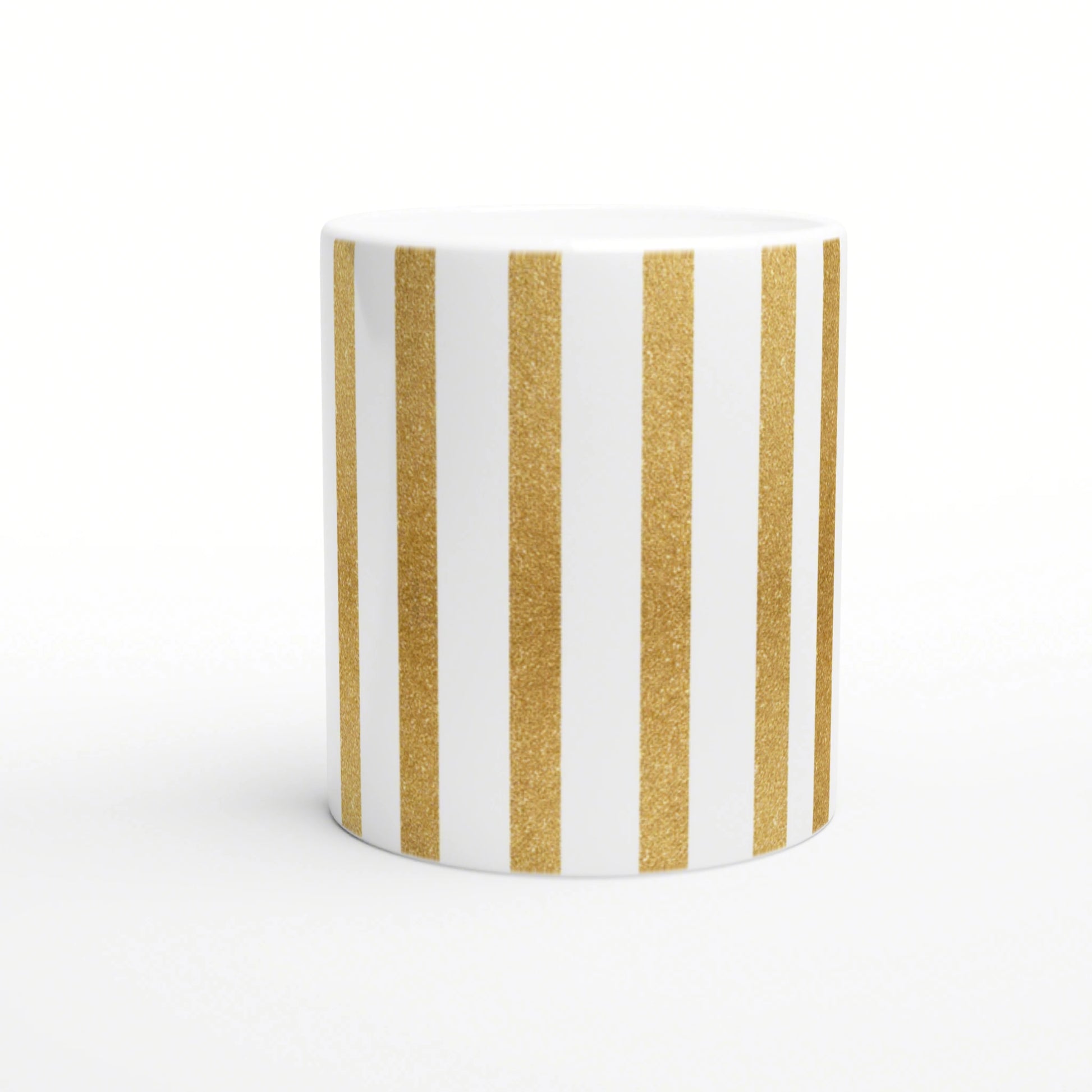 White ceramic mug with vertical gold glitter stripes; product mockup.