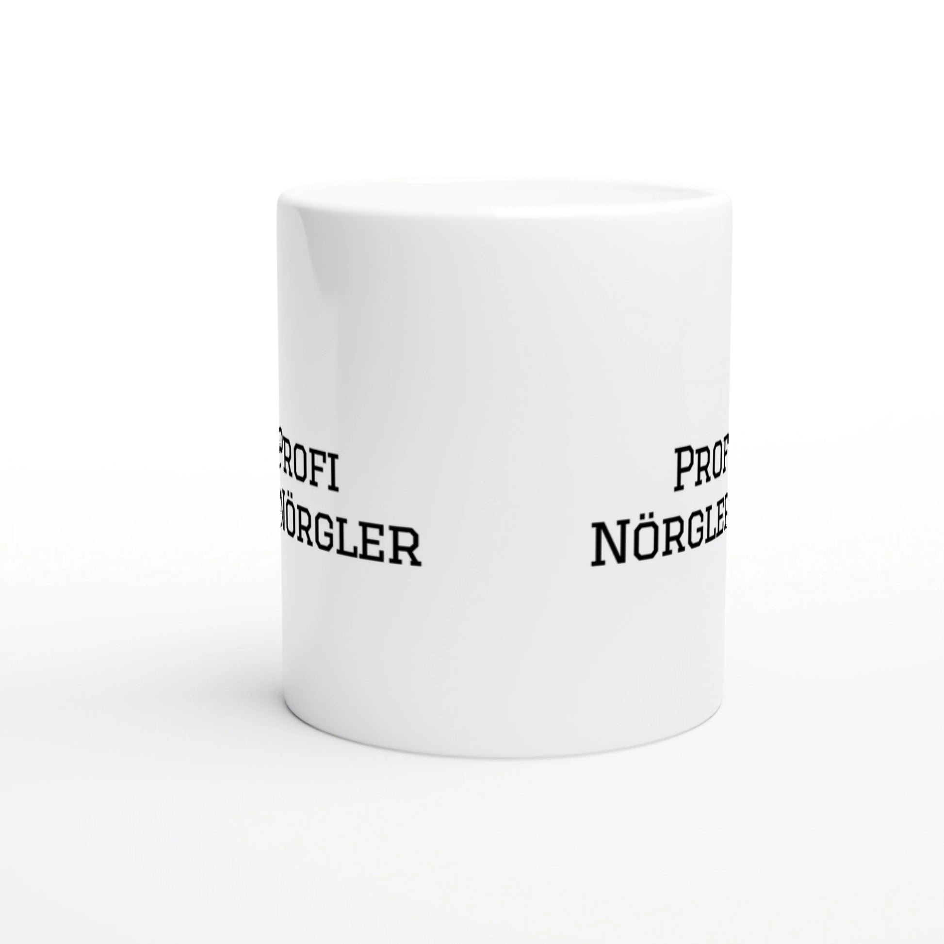 White ceramic mug with bold black wrap-around text, shown as a product mockup on a white background for humorous slogans.