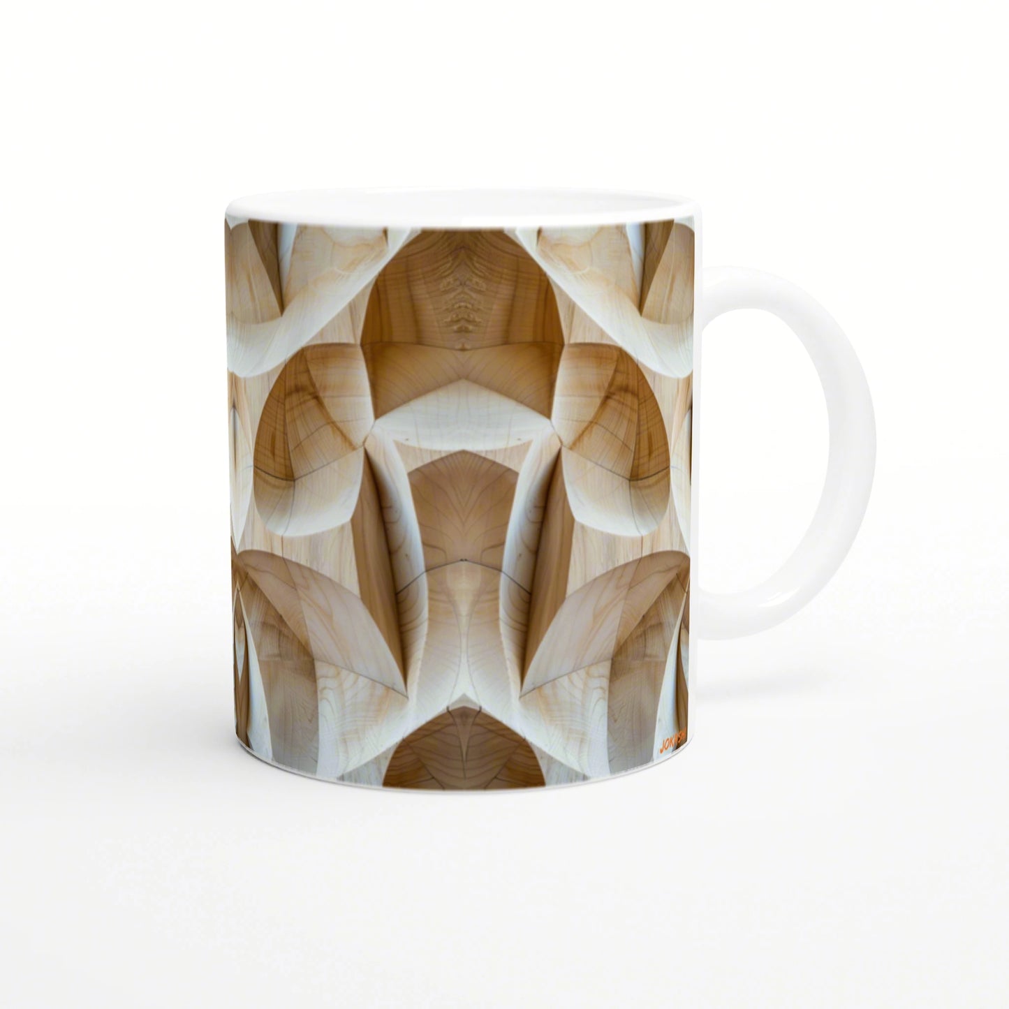 White ceramic mug featuring a wraparound abstract wood-grain pattern in warm beige tones (product mockup).