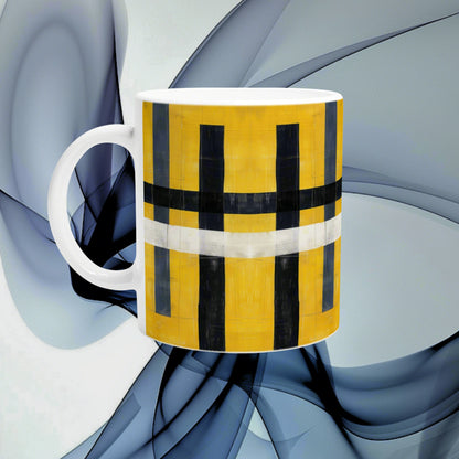 White ceramic mug mockup featuring yellow with black vertical bars and a white band set against an abstract blue backdrop.