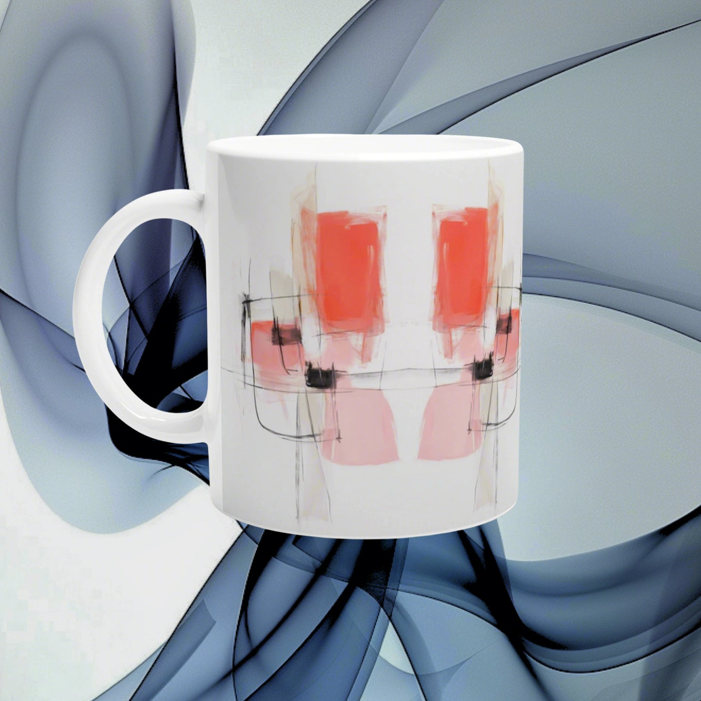Product mockup: white ceramic mug with abstract red-pink brushstroke design on a blue abstract backdrop.