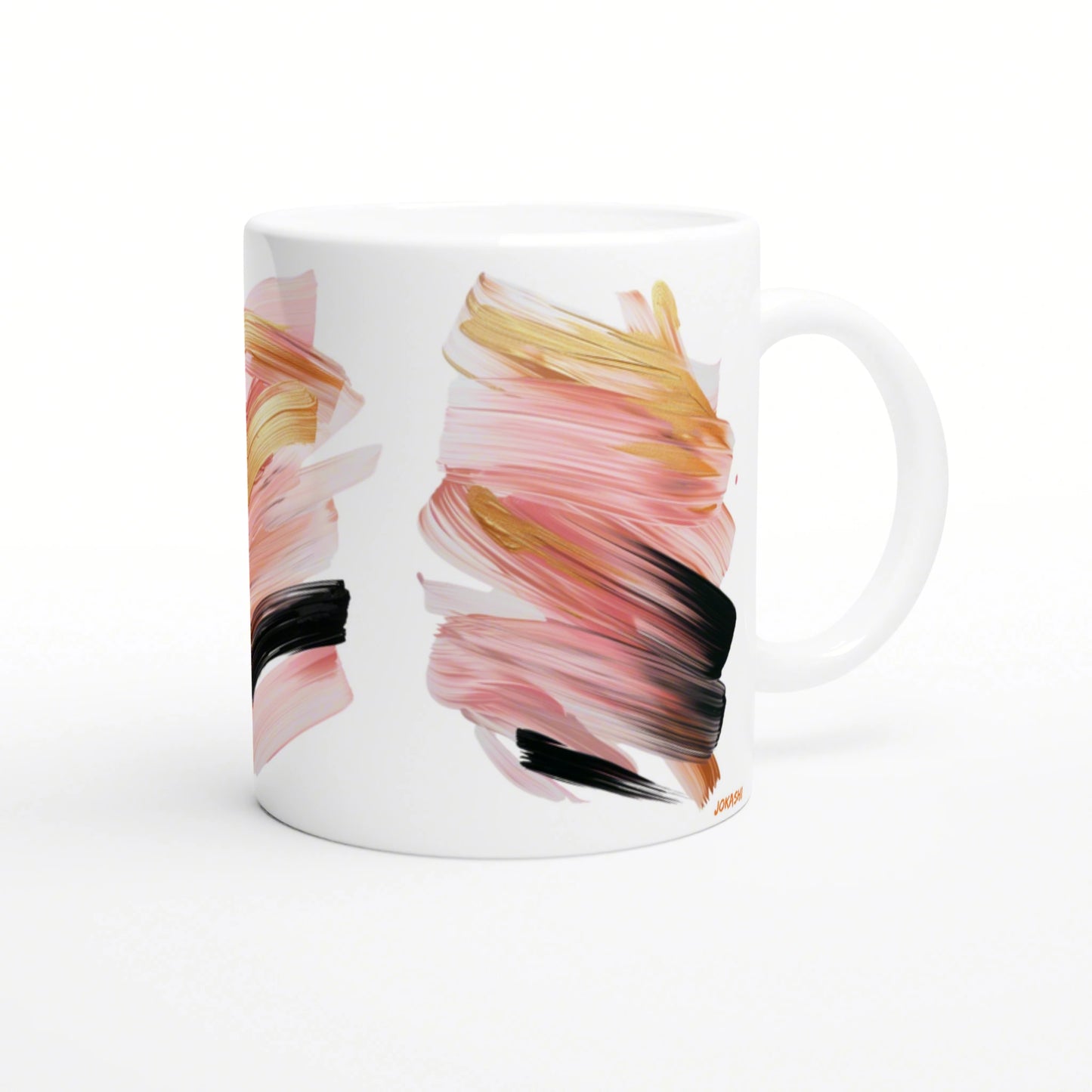 White mug with abstract brushstroke design in pink, peach, gold, and black; product mockup for printed mugs.