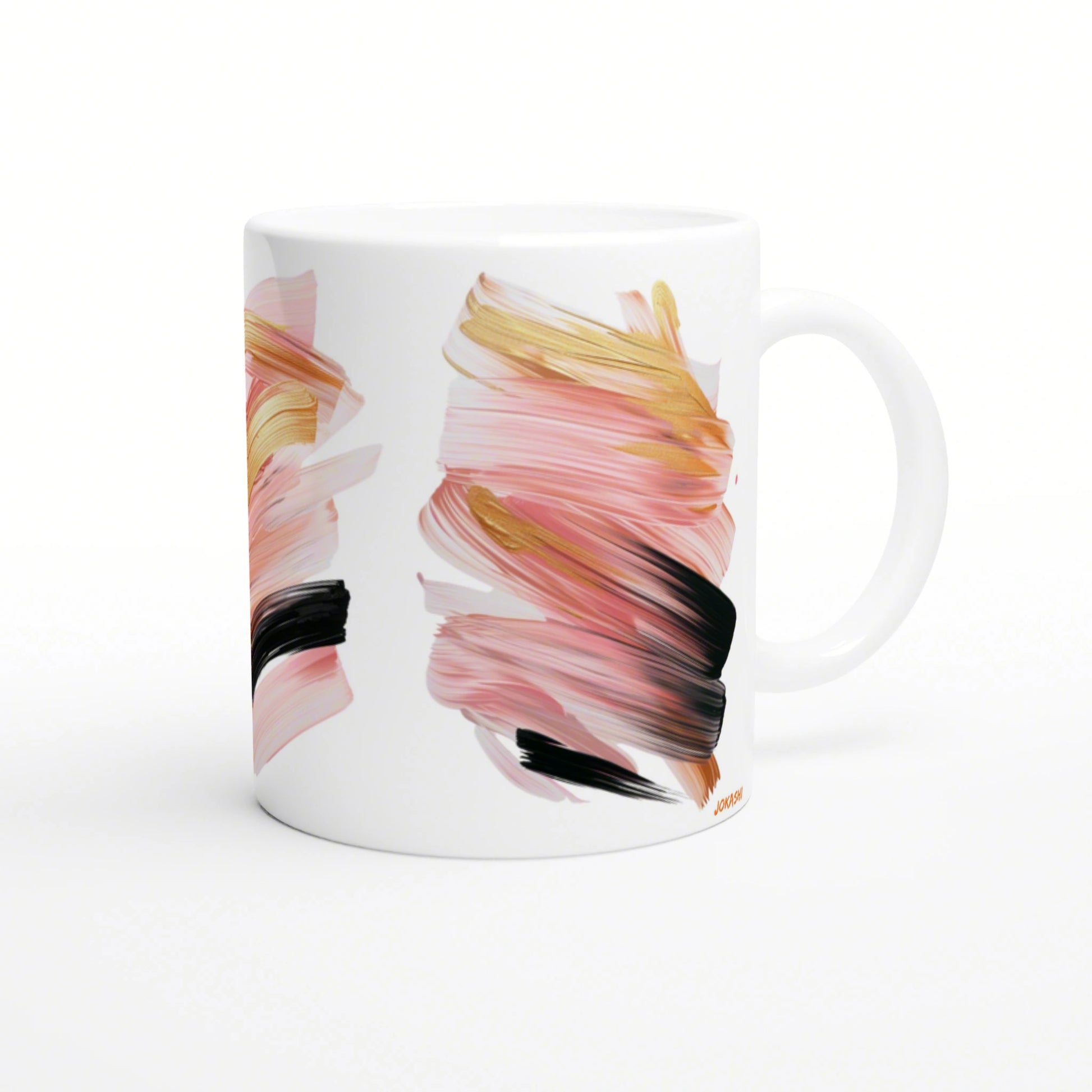 White mug with abstract brushstroke design in pink, peach, gold, and black; product mockup for printed mugs.